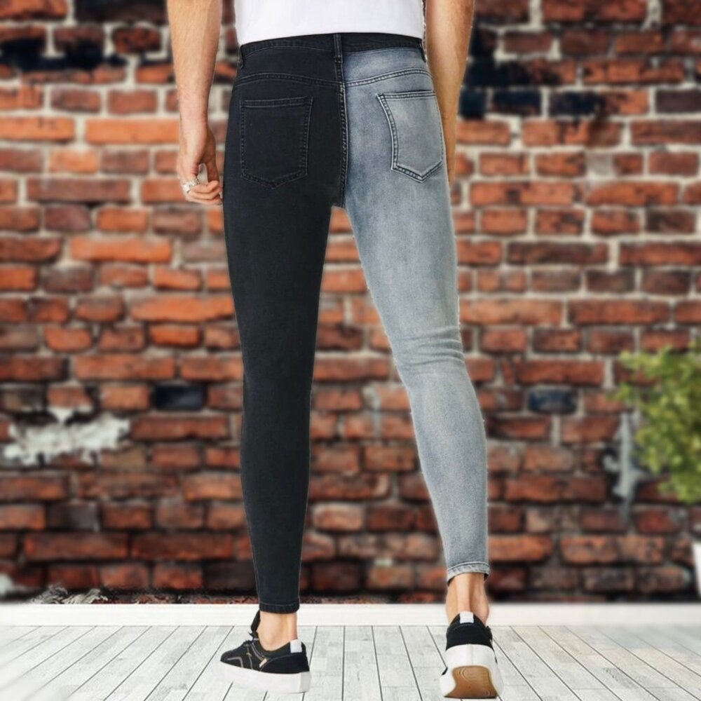 MNML Men's Mid-Rise Skinny Jeans Button Fly Colorblock Two Colors Denim Pants 30